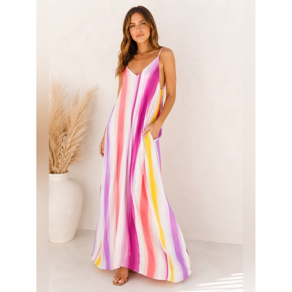 Love In Maxi Dress Womens Small Pink Purple Striped Boho V-Neck Pocket Sun Dress